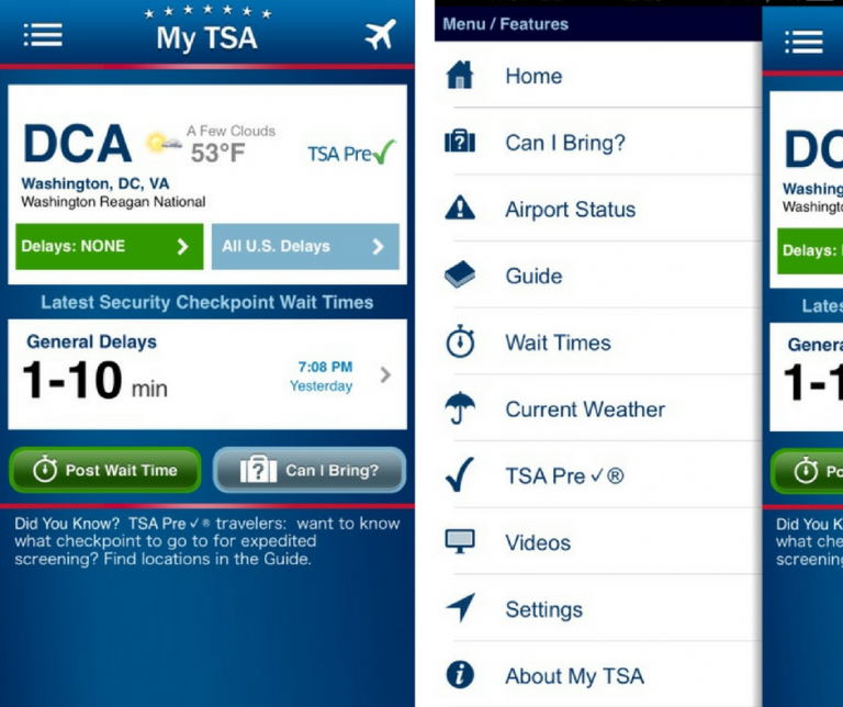 Screenshots of the MY TSA application