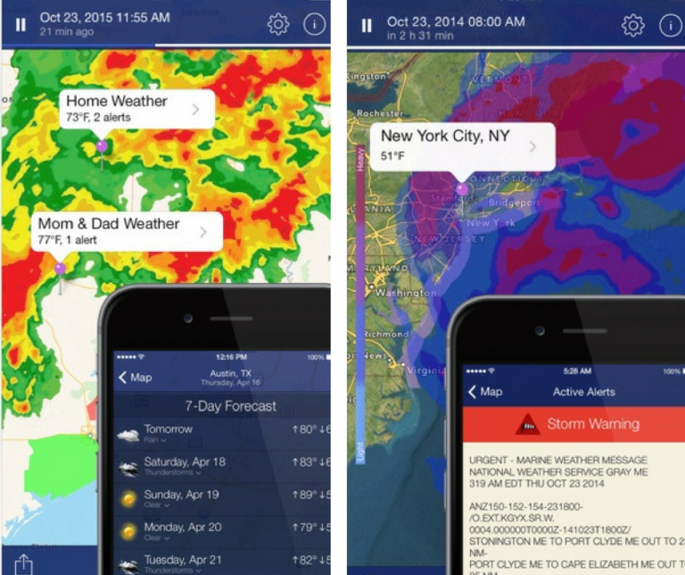 Screenshots of the NOAA Radar Pro application