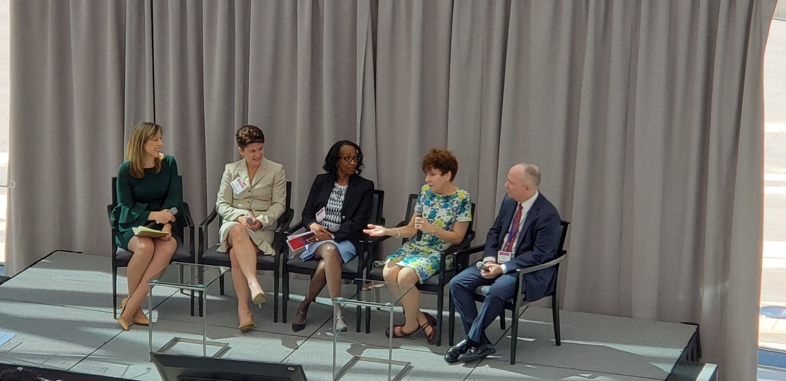 What SHE Brings to the Table featured moderator Robyn Rees of the National Science Foundation (NSF), and panelists: Maria Roat, the CIO of the Small Business Administration; Venice Goodwine, the Chief Information Security Officer of the U.S. Department of Agriculture (USDA); Dorothy Aronson, the CIO of NSF; and Jason Gray, the CIO of the Department of Education (ED).